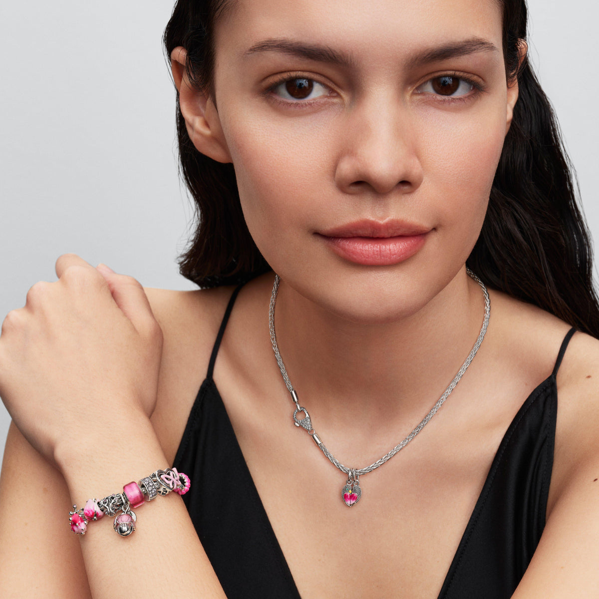 Pavé Clasp Foxtail Chain Charm Bracelet