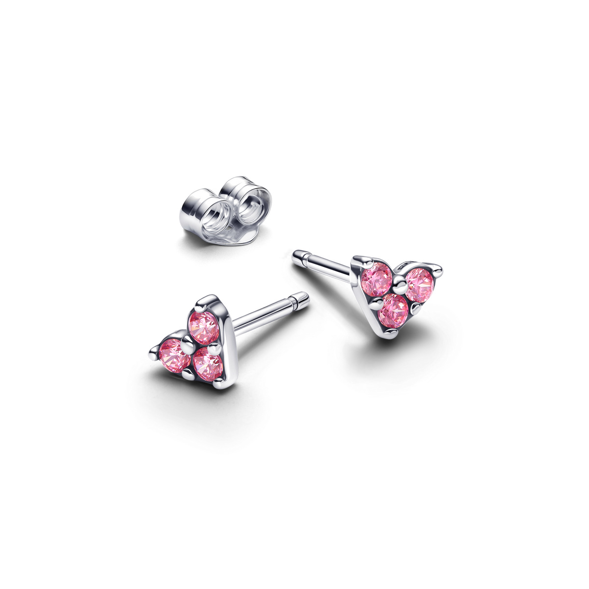 Triple Stone Pink Heart Stud Earrings