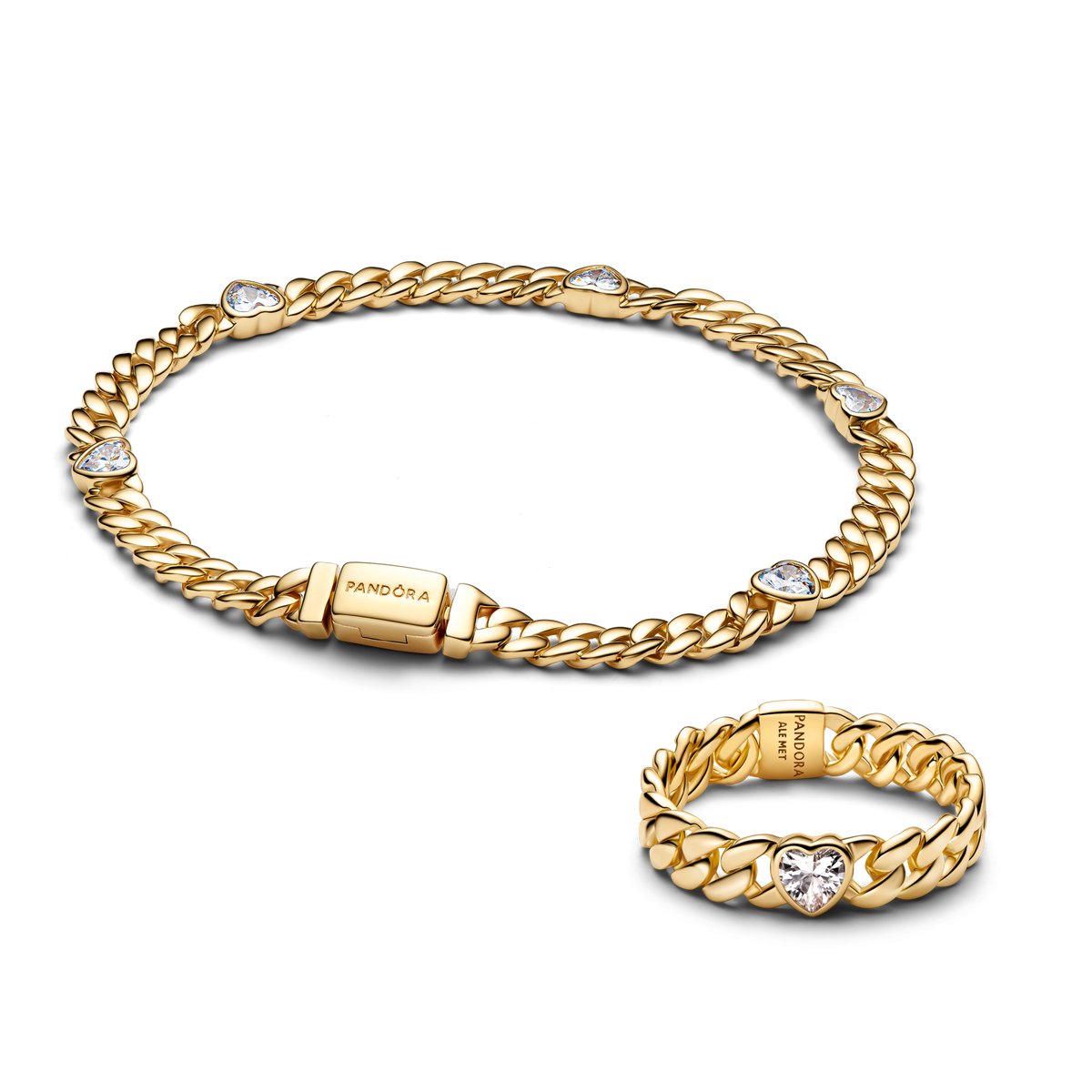 Gold Plated Heart Cuban Chain Bracelet & Ring Set