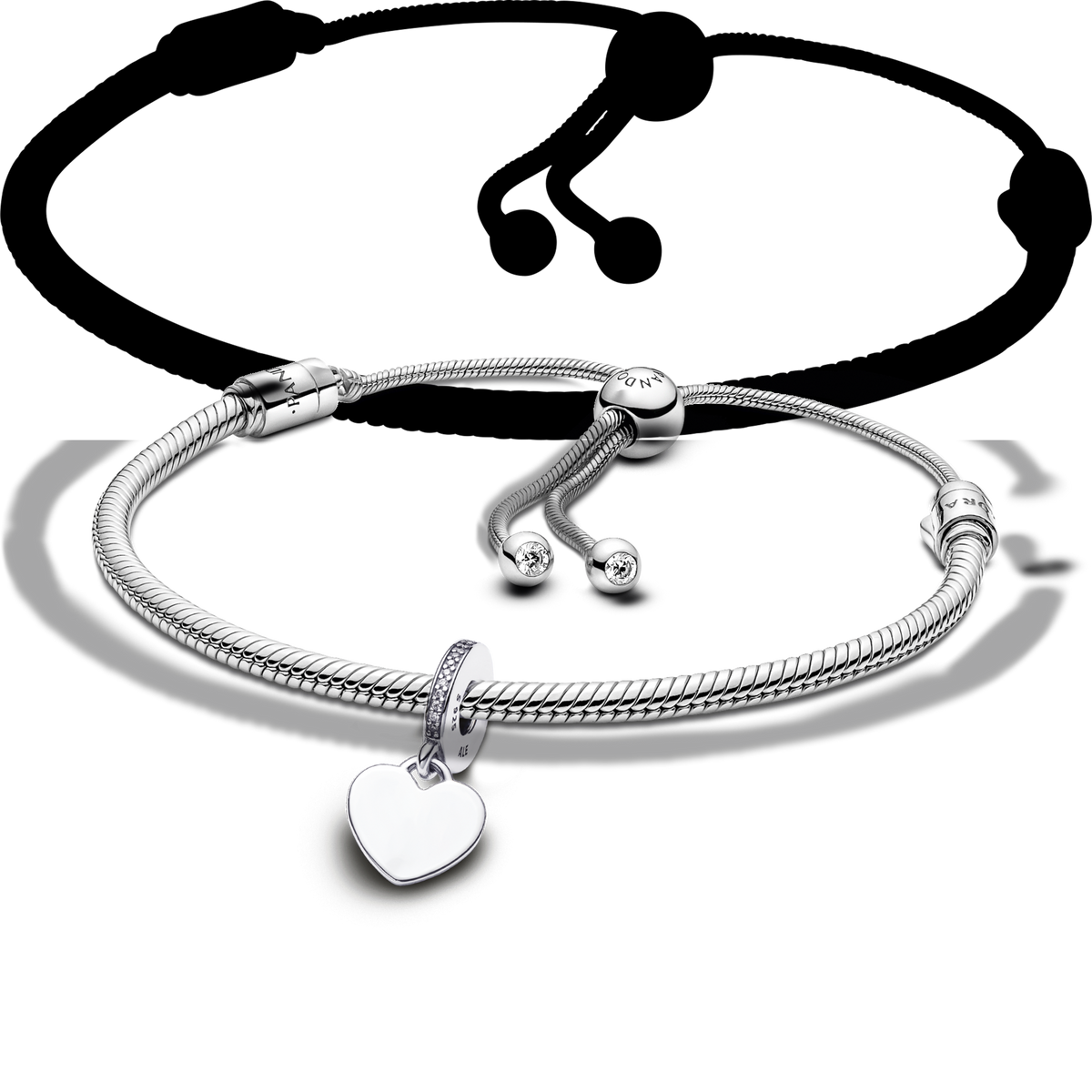 Engravable Heart Tag Dangle Charm Snake Chain Slider Bracelet Set
