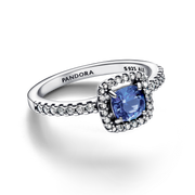 Sparkling Square Blue Halo Ring