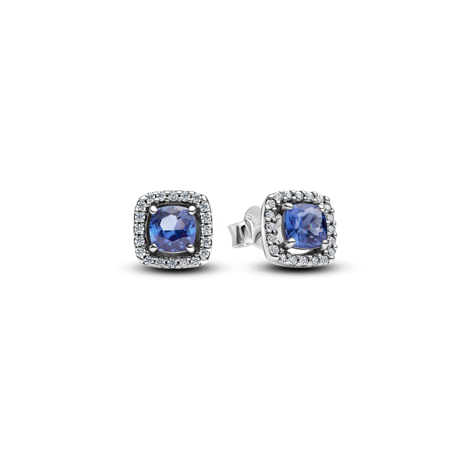 Sparkling Square Blue Halo Stud Earrings