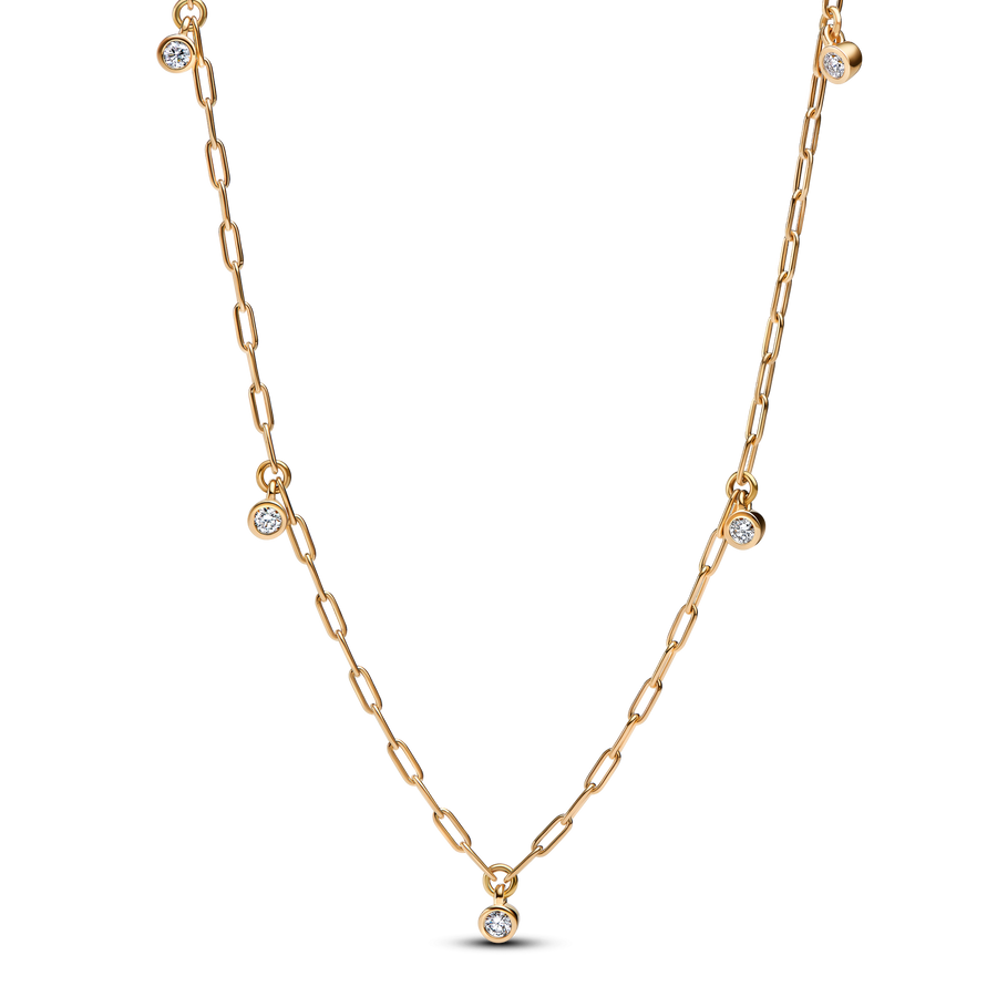 Pandora Era Bezel Lab-Grown Diamond Dangle Station Paperclip Chain Necklace