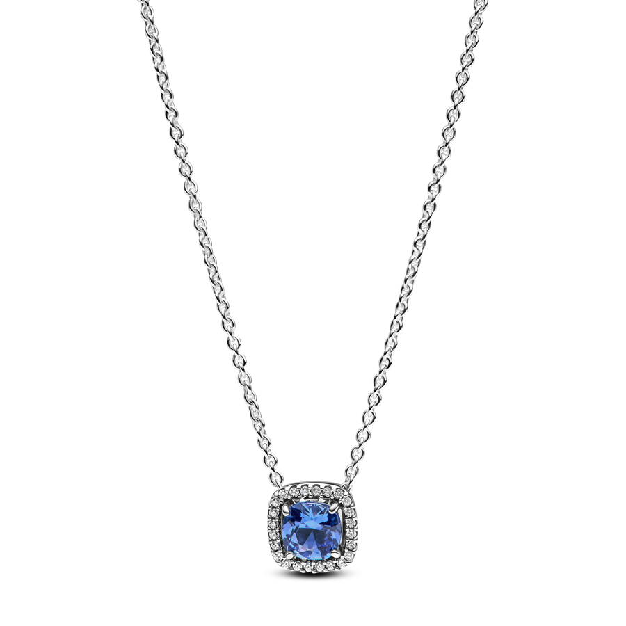 Sparkling Square Blue Halo Pendant Necklace