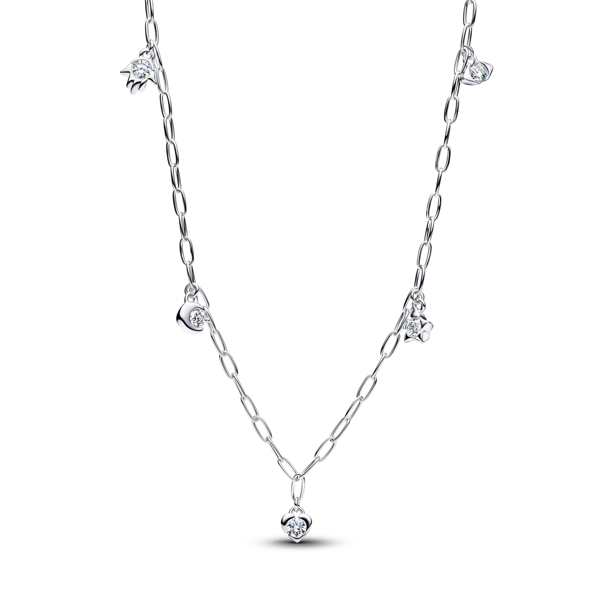 Pandora Talisman Sterling Silver Lab-Grown Diamond Dangle Symbols Paperclip Chain Necklace