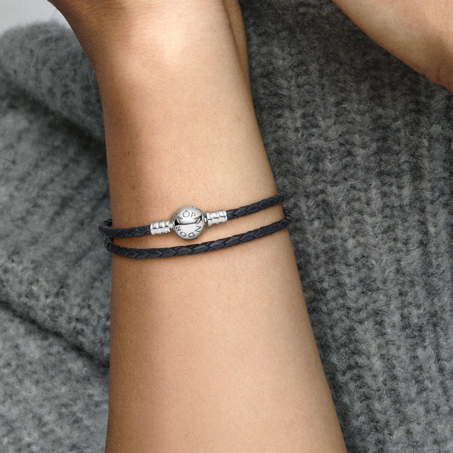 Pandora Moments Double Black Leather Bracelet