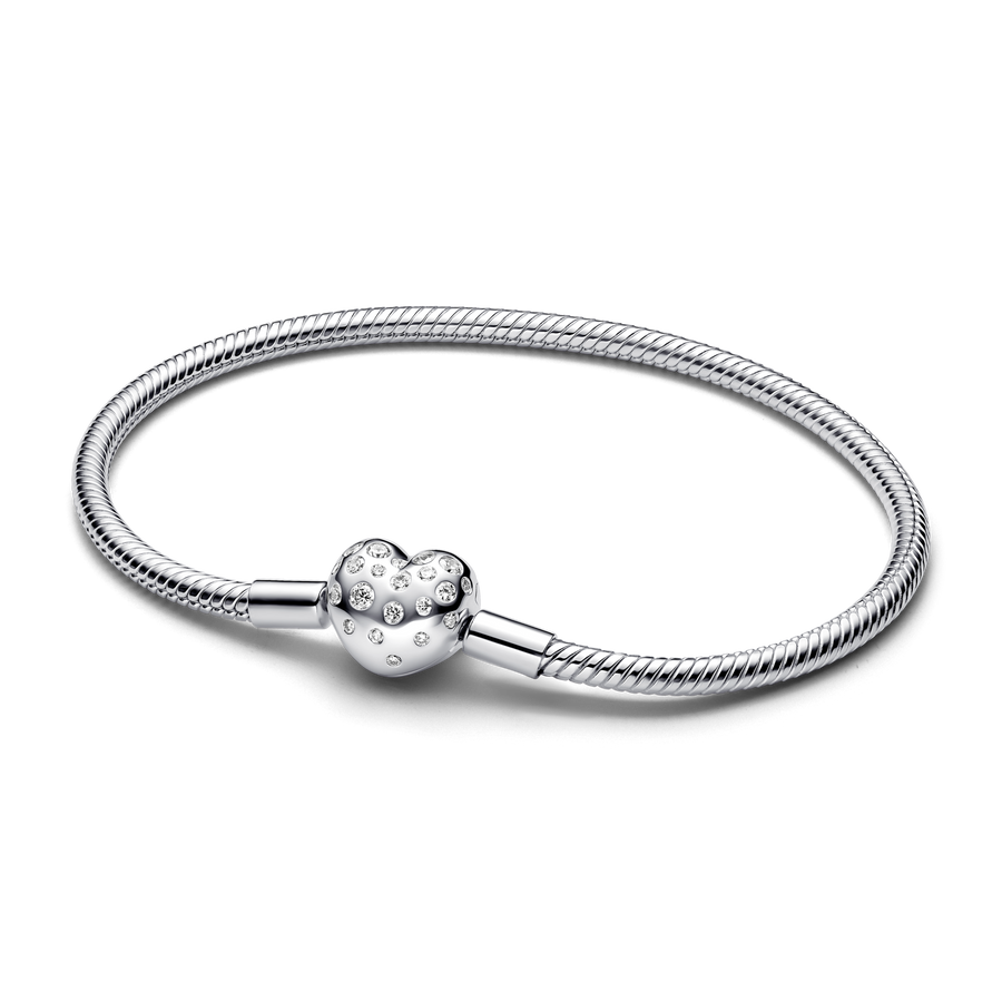 Pandora Sterling Silver Lab-grown Diamond Heart Clasp Snake Chain Bracelet