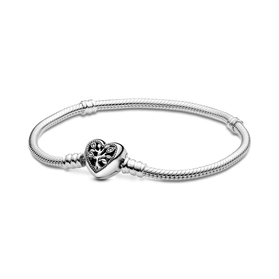 Pandora Moments Family Tree Heart Clasp Snake Chain Bracelet