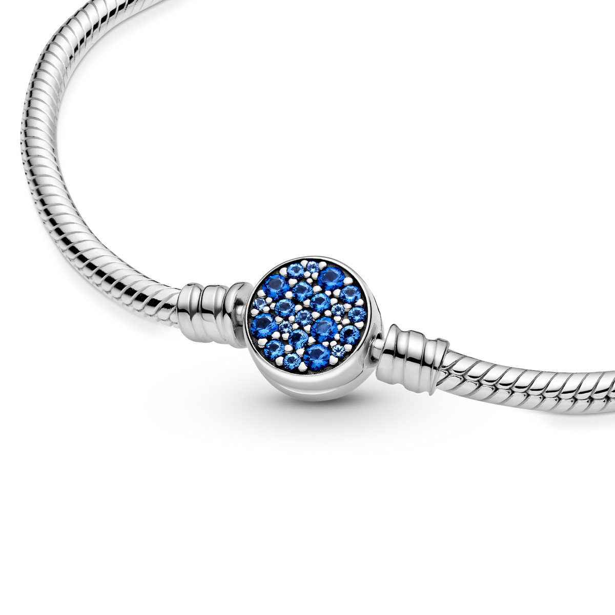 Pandora Moments Sparkling Blue Disc Clasp Snake Chain Bracelet