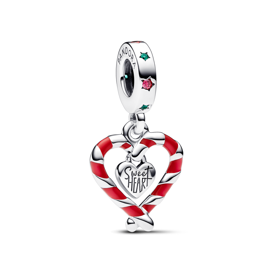 Double Candy Cane Heart Christmas Dangle Charm
