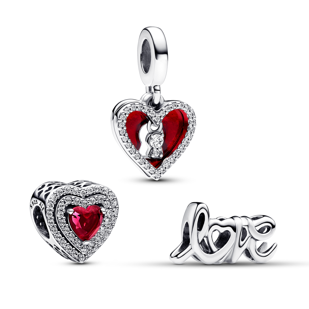 Sparkling Red Heart Dangle Charm Trio