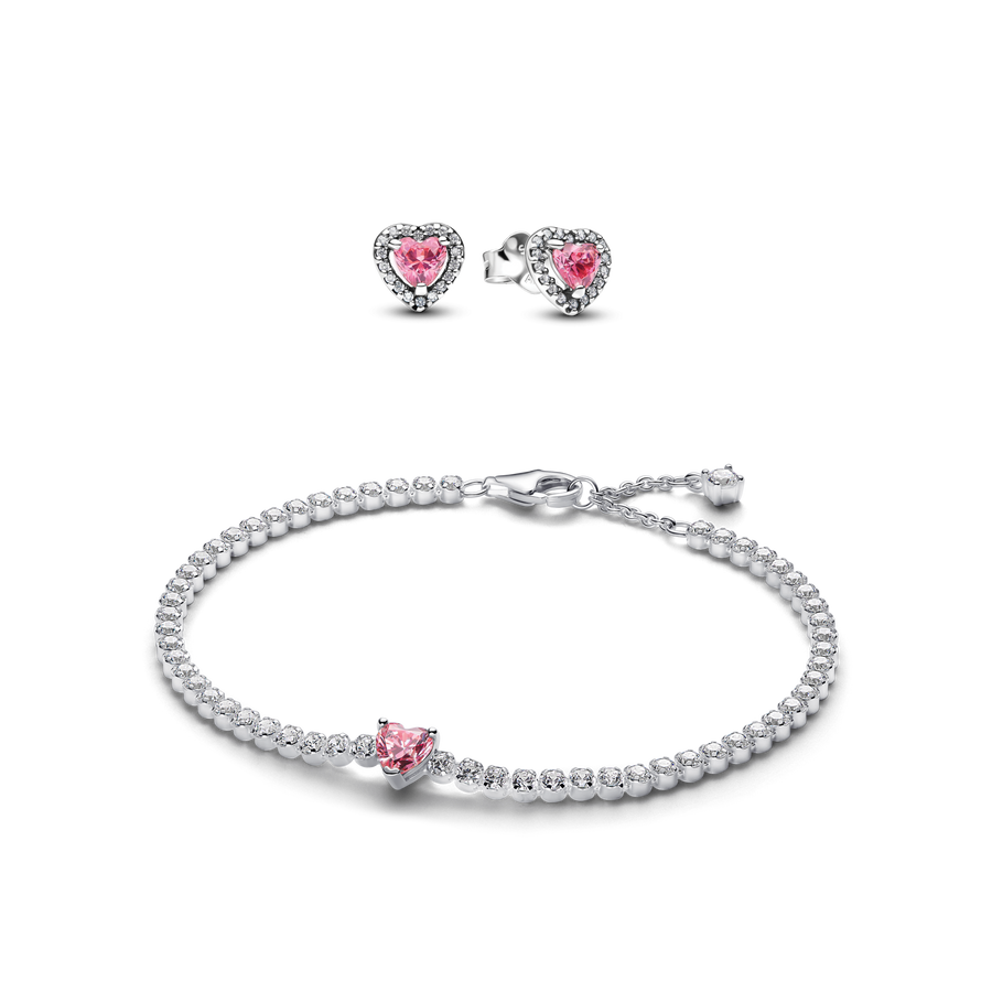 Pink Sparkling Heart Bracelet and Earring Set