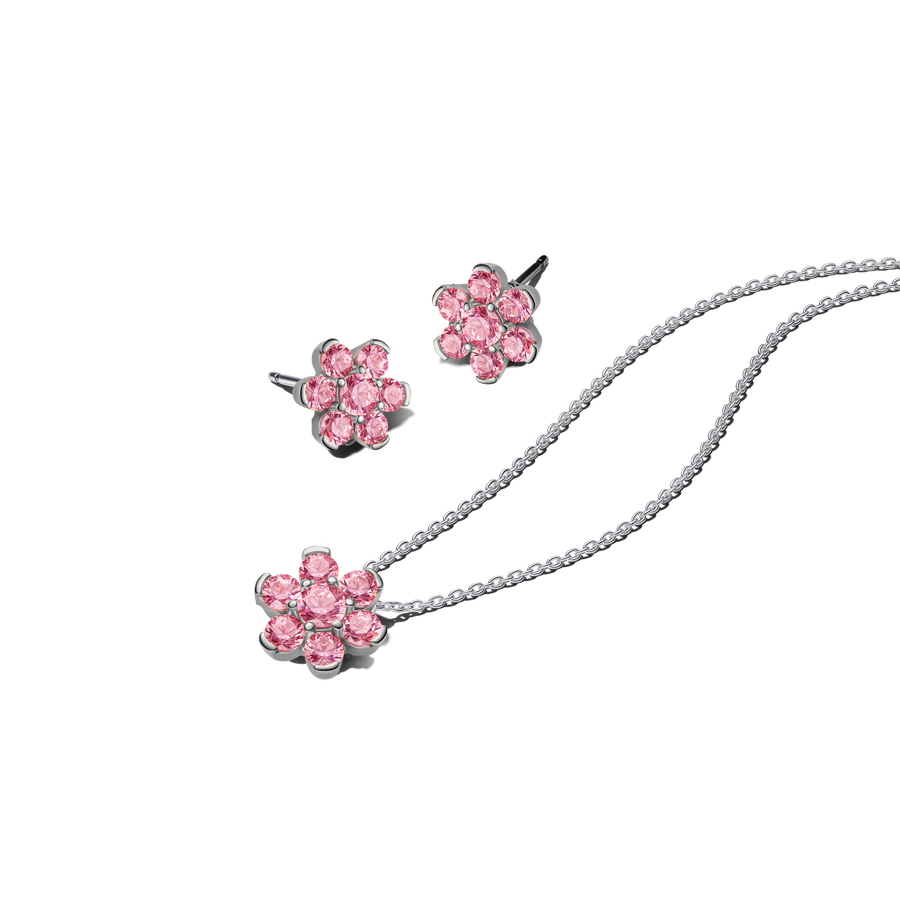Sparkling Silver Pink Flower Necklace & Earrings Set