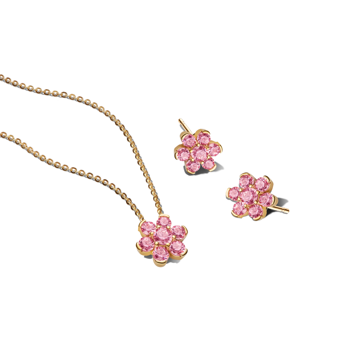 Sparkling Pink Flower Necklace & Earrings Set