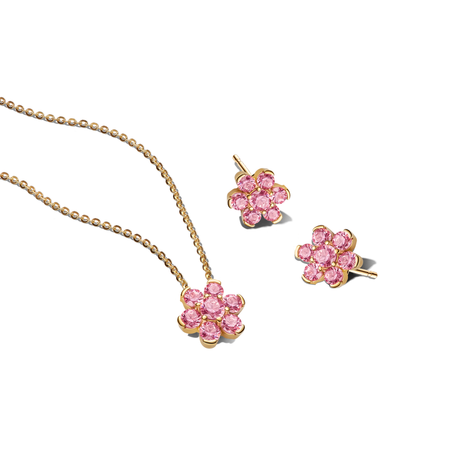 Sparkling Pink Flower Necklace & Earrings Set