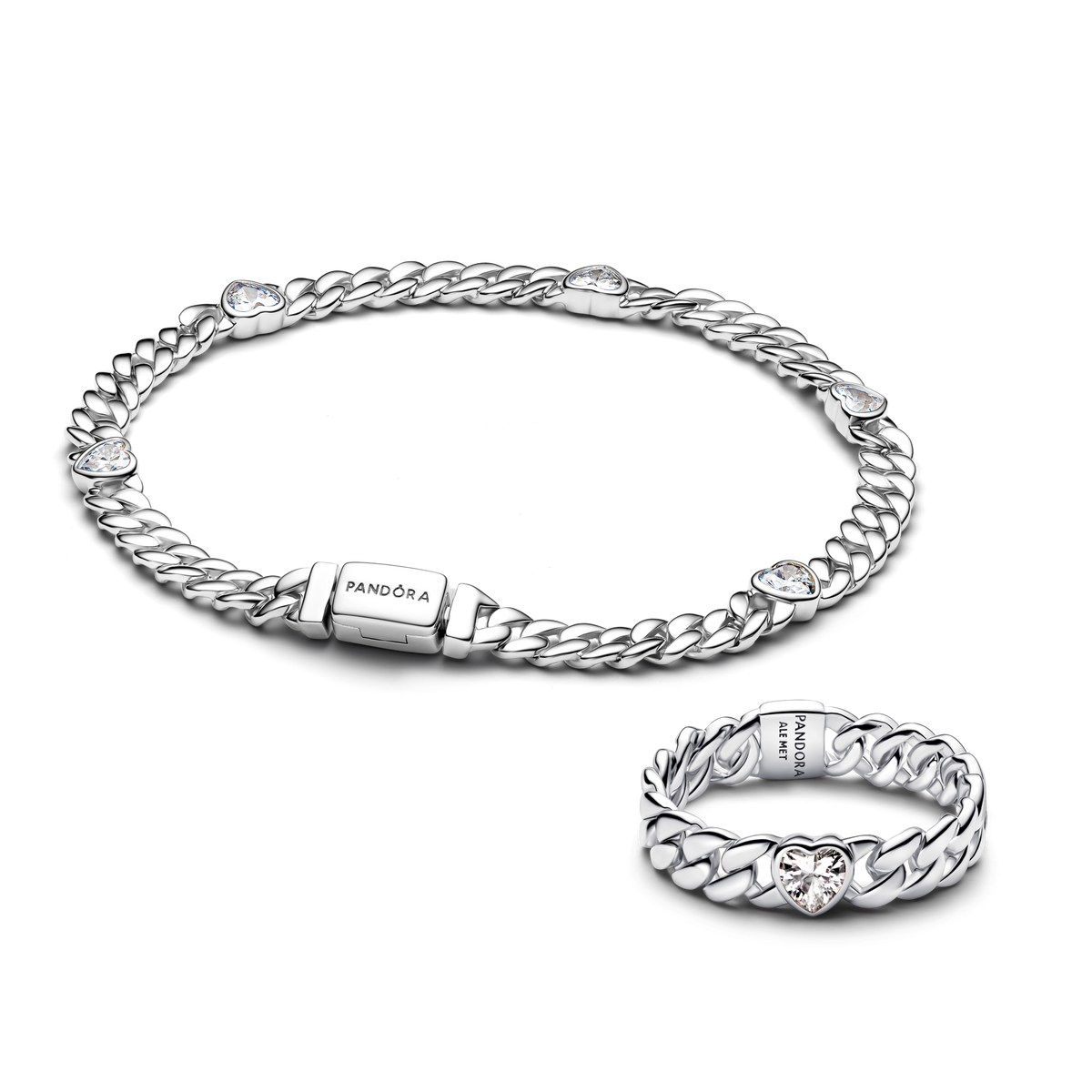 Silver Heart Cuban Chain Bracelet & Ring Set