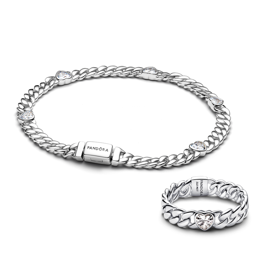 Silver Heart Cuban Chain Bracelet & Ring Set