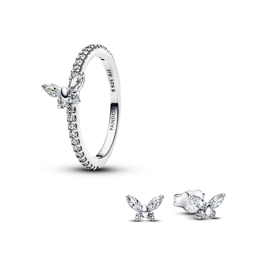 Sparkling Clear Butterfly Ring and Earring Set