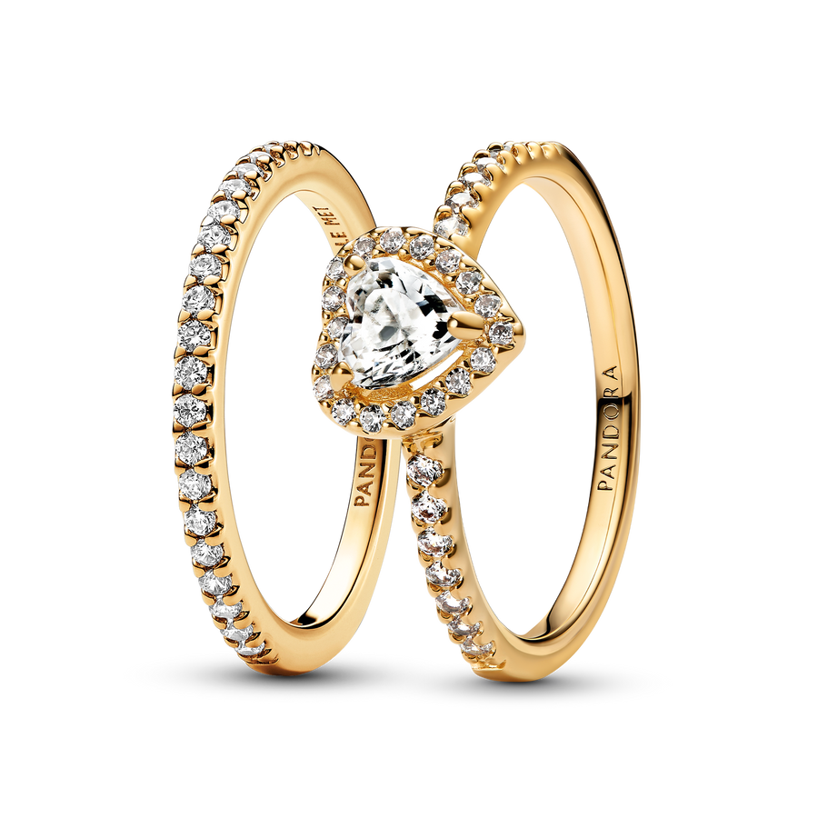 Playful Love Golden Elevated Heart Sparkling Band Ring Set