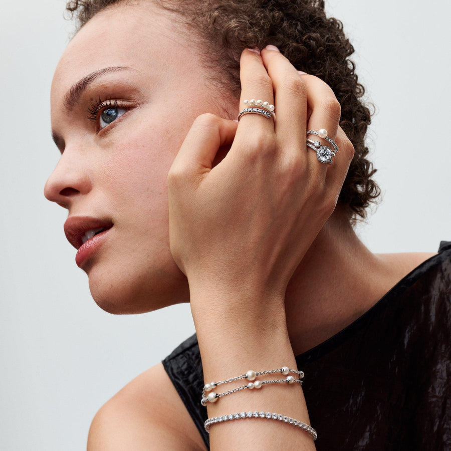 FINAL SALE - Treated Freshwater Cultured Pearl & Pavé Double Band Ring